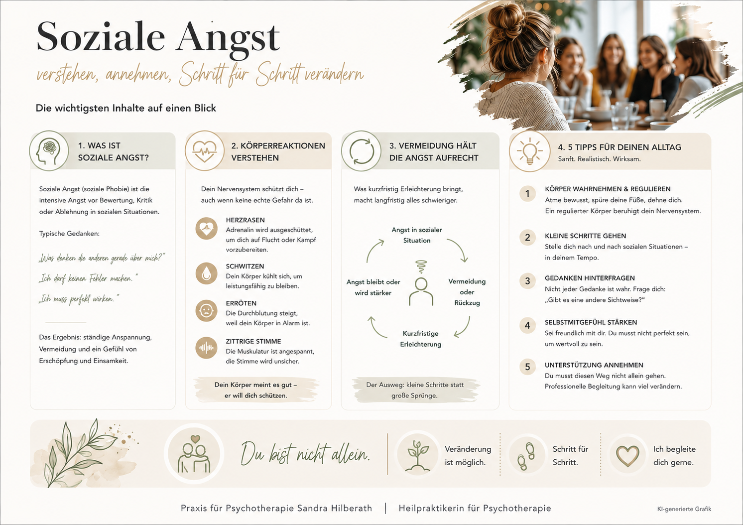 Grafik_Soziale Angst_Praxis Sandra Hilberath Soziale Angst verstehen: Erfahre, warum Herzrasen, Schwitzen und Erröten entstehen, was Vermeidung bewirkt und welche 5 Tipps dir im Alltag helfen.