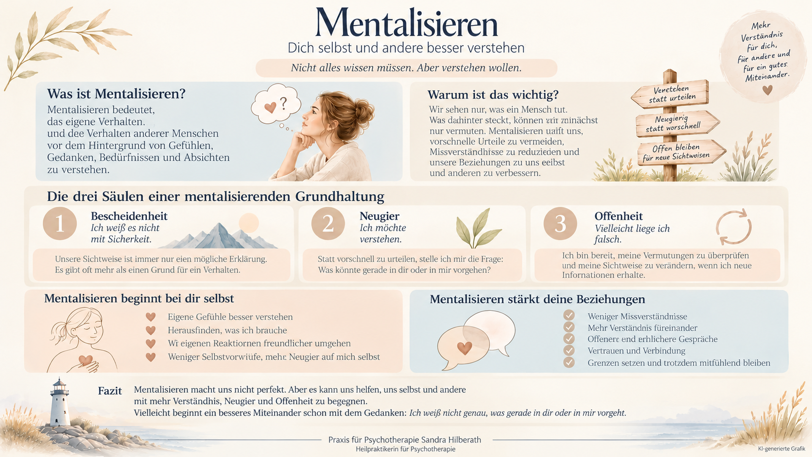 Mentalisieren – sich selbst und andere besser verstehen Mentalisieren einfach erklärt: Infografik über Bescheidenheit, Neugier und Offenheit sowie drei Übungen für mehr Selbstverständnis und bessere Beziehungen.
